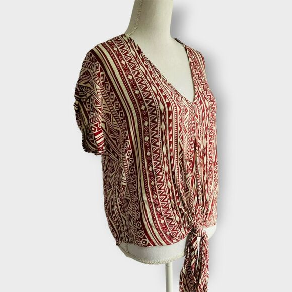 Entro Tribal Top Knotted Waist V Neck Relaxed Fit Red Short Sleeve Casual Small - Picture 4 of 11